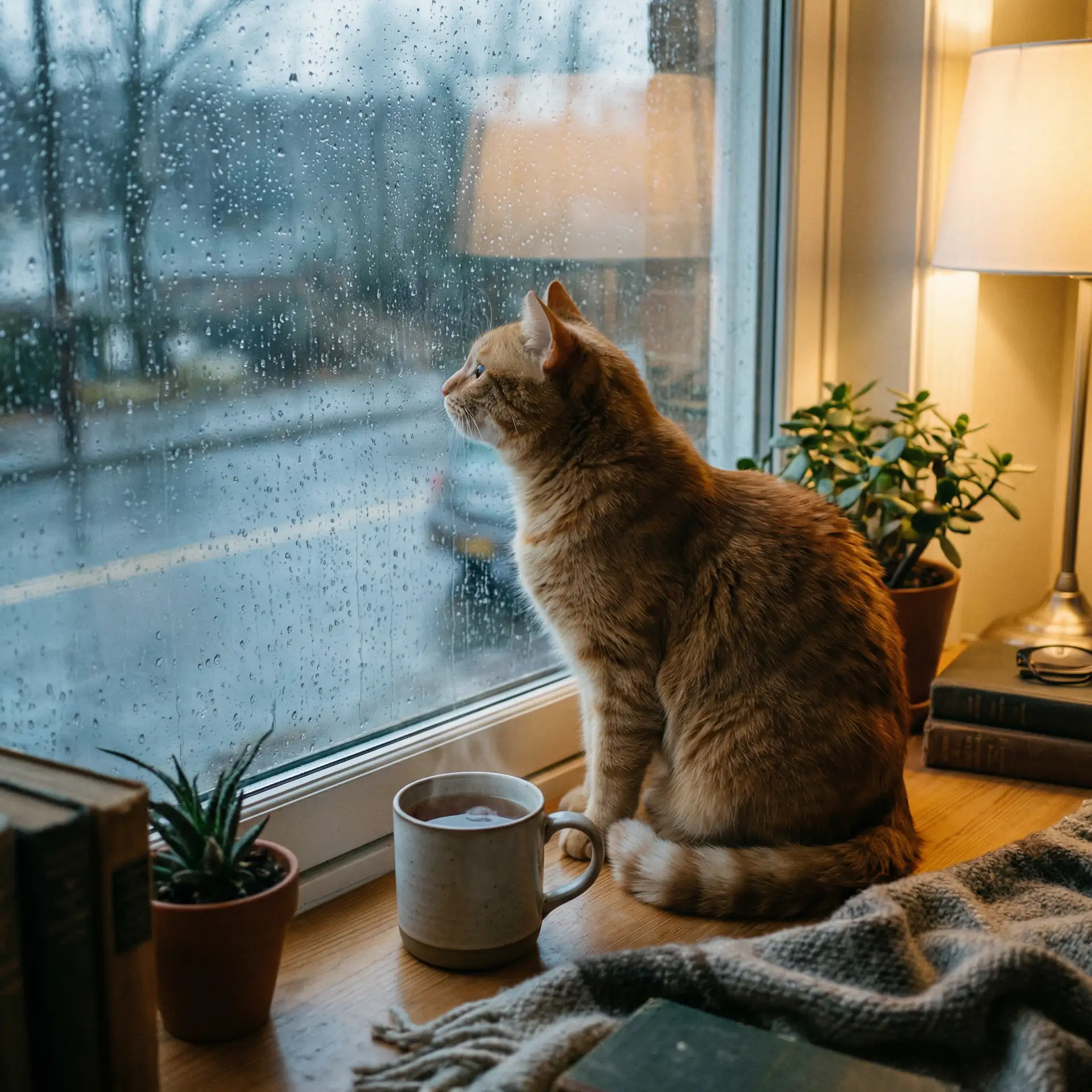 猫咪望着窗外的雨 - 金鳞岂是池中物